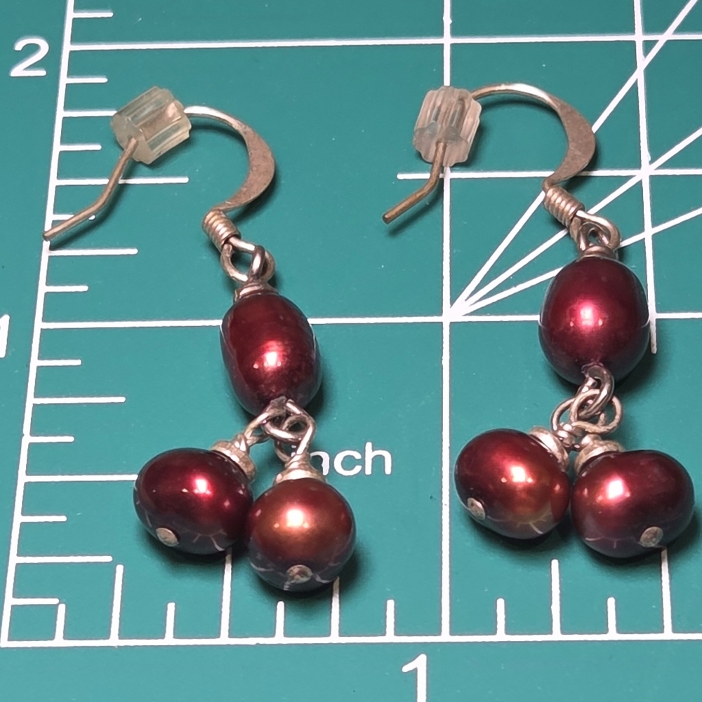 Artisan Burgundy Pearl Drop Earrings - Picture 2 of 2